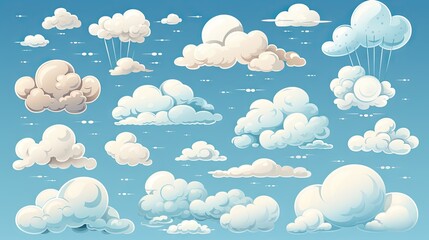 An artistic image featuring various styles of cartoon clouds against a backdrop of blue sky