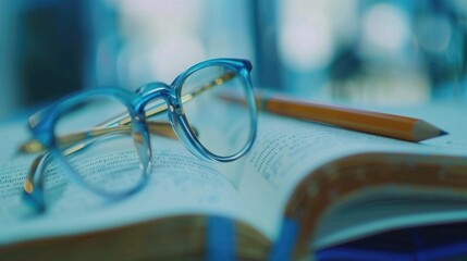 A pair of glasses resting on an open book. Ideal for educational or reading concepts - Powered by Adobe