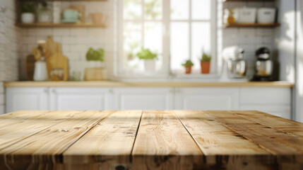 Empty wooden countertop with blurred kitchen background. Great for culinary displays.