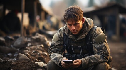 In a war-torn setting, a soldier, fully geared, is engrossed in a smartphone, possibly contacting...