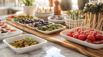 A lovely kitchen table with white bowls of olives, tomatoes on sticks and other party food items arranged beautifully in an elegant setting.  - Powered by Adobe