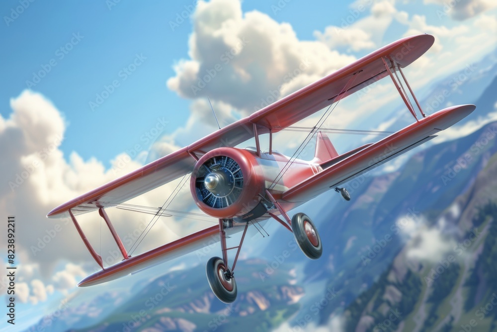 Poster a scenic view of a small red airplane flying over a majestic mountain range. perfect for travel and 