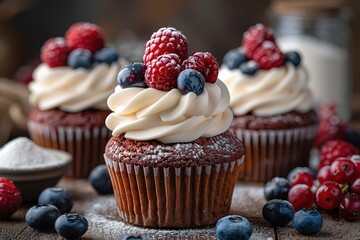 Three cupcakes with whipped cream and berries on top