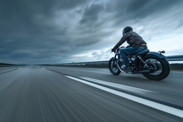 A man riding a motorcycle on a highway. Suitable for transportation concepts