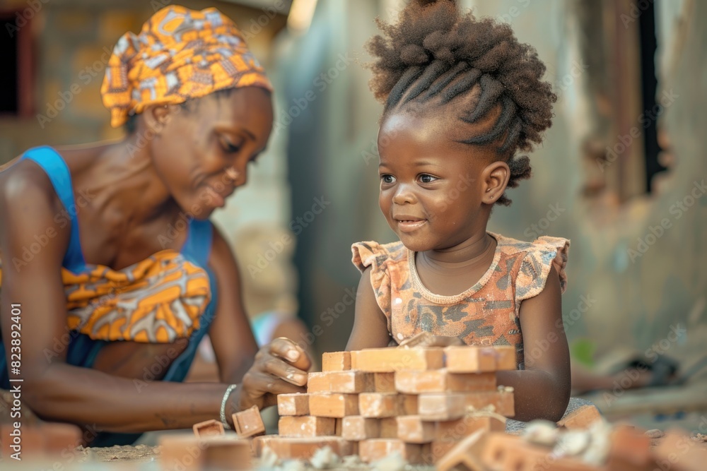 Poster a woman and child playing with building blocks. suitable for educational materials
