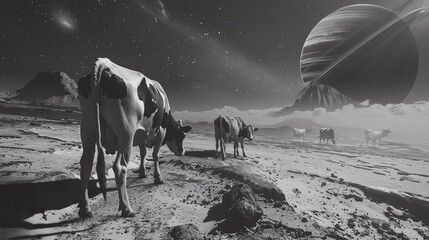 A group of cows graze on a distant planet