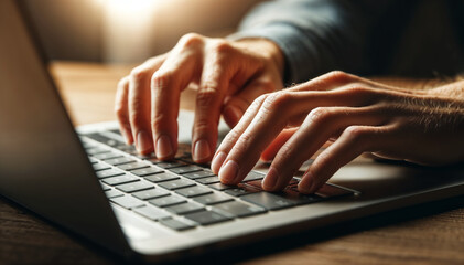 Hands Typing on Laptop Keyboard in Cozy Room During Evening