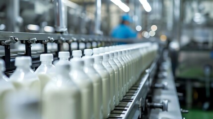 Obraz premium Bottling plant. Milk bottles filled and capped, ready for labeling and packaging.