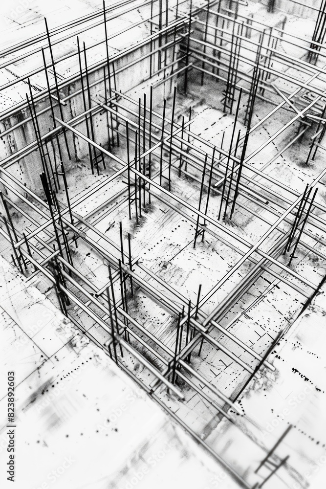 Poster a black and white photo of a building under construction. suitable for construction and architecture