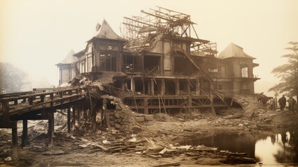 Fototapeta premium An old, historic mansion with scaffolding indicating construction or repair work in a sepia tone