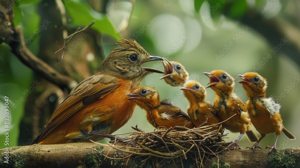 Poster a group of birds sitting on top of a tree branch. suitable for nature and wildlife themes