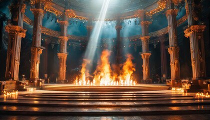 Empty stage with fire flames instead of lights