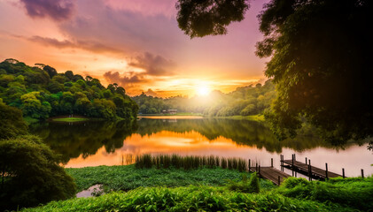 Obraz premium Beautiful Sunset Over Lake With Dock