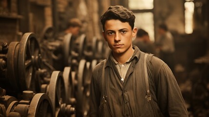 A young male worker stands confidently in a vintage industrial environment, surrounded by machinery with a focused expression
