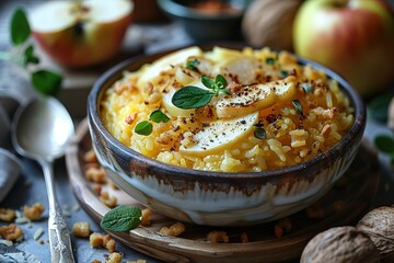 A bowl of food with apples and nuts on top