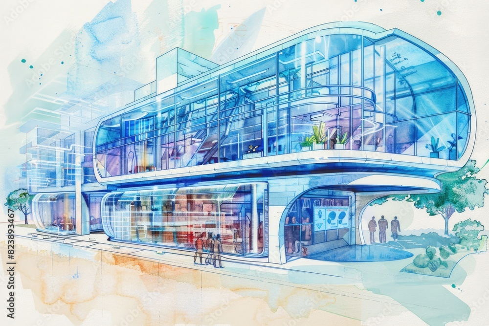 Poster detailed drawing of a building with numerous windows. ideal for architectural projects