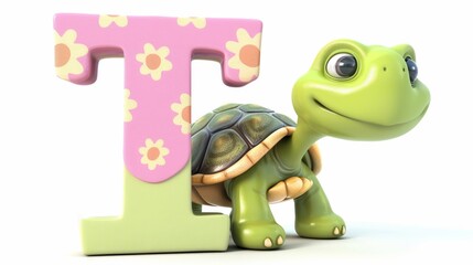 A turtle is sitting on top of the letter T