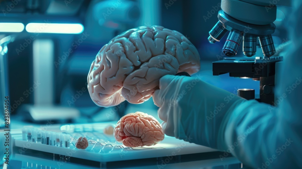 Poster a person in a lab coat studying a brain model with a microscope. ideal for scientific and medical co
