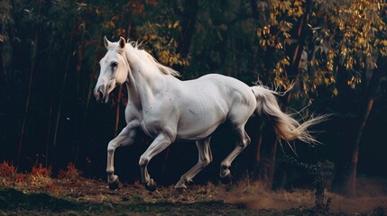 A beautiful white horse running in a field, perfect for nature and animal themes