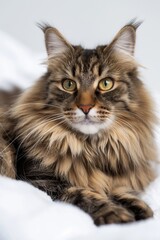 A cat with long fur is laying on a white bed