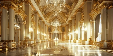 A grand hall with a chandelier and multiple windows. Suitable for luxury interior designs - Powered by Adobe