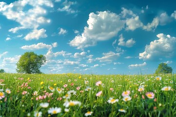 Fototapeta premium beautiful spring day panorama background, landscape Meadow with blue sky and green grass, 