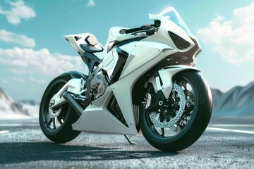 A white motorcycle parked on the side of the road. Suitable for transportation concepts