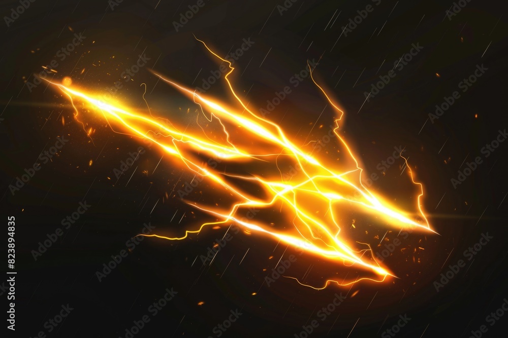 Poster A striking image of a bright yellow lightning bolt against a dark black background. Perfect for adding a dramatic touch to your design projects