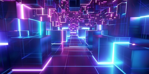 Blue and lilac blocks with neon lines and glowing background futuristic illustration abstract 3d geometric shapes, cyberspace technology concept business web design