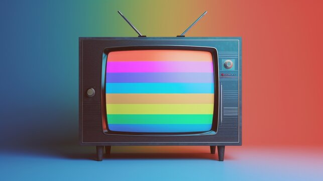 A vintage television with a colorful striped screen against a gradient background ranging from orange to blue, evoking nostalgia and modernity.