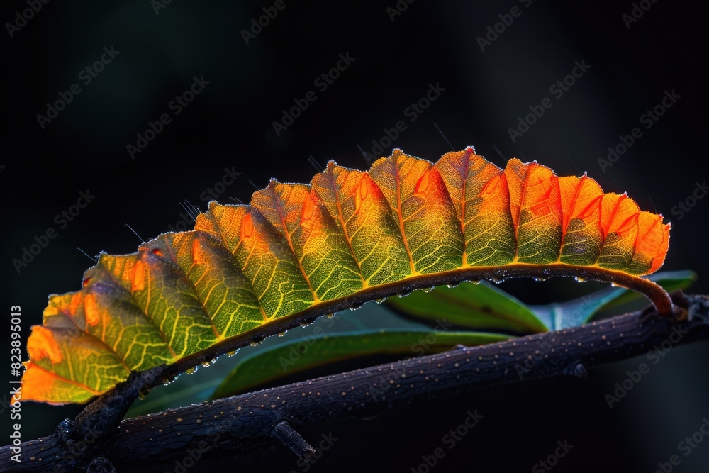 Poster detailed view of a leaf on a tree branch, suitable for nature themes