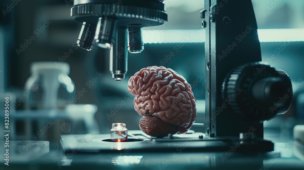 Poster close up of a microscope with a brain, suitable for scientific and medical concepts