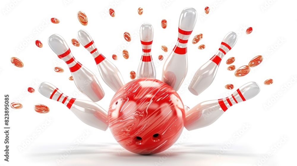 Poster a dynamic image of a red bowling ball striking a group of pins. ideal for sports and competition con