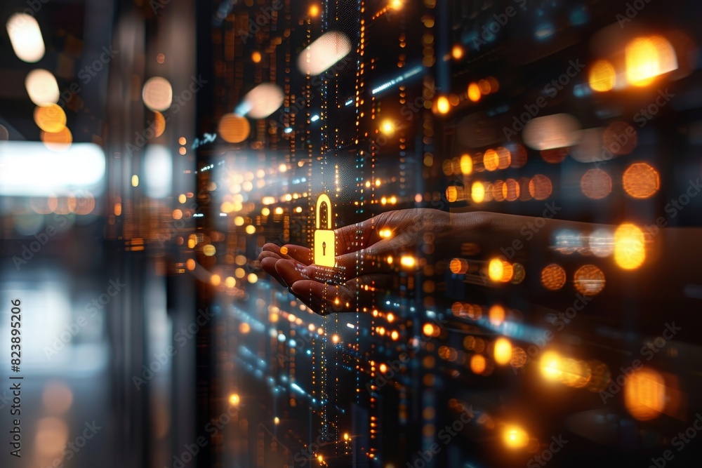 Poster cyber security with glowing lock on circuit board for secure online data protection