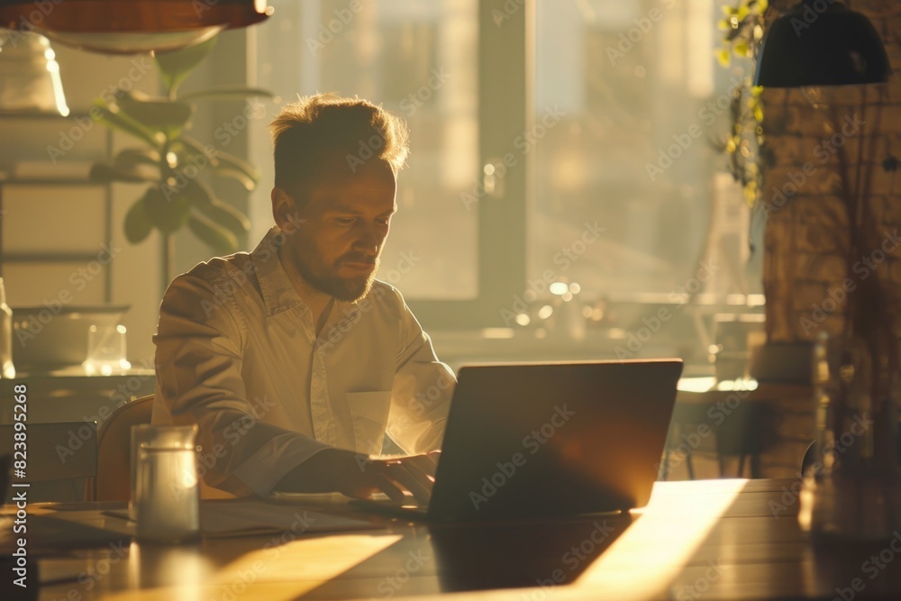 Leinwandbilder a man sitting at a table using a laptop. suitable for business or technology concepts