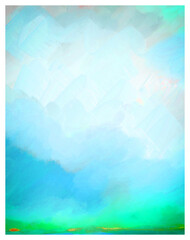 Impressionistic Landscape Cloudscape Digital Painting Art Illustration Artwork in Aqua, Neon Green, Blue & Yellow with Paint & Canvas Texture