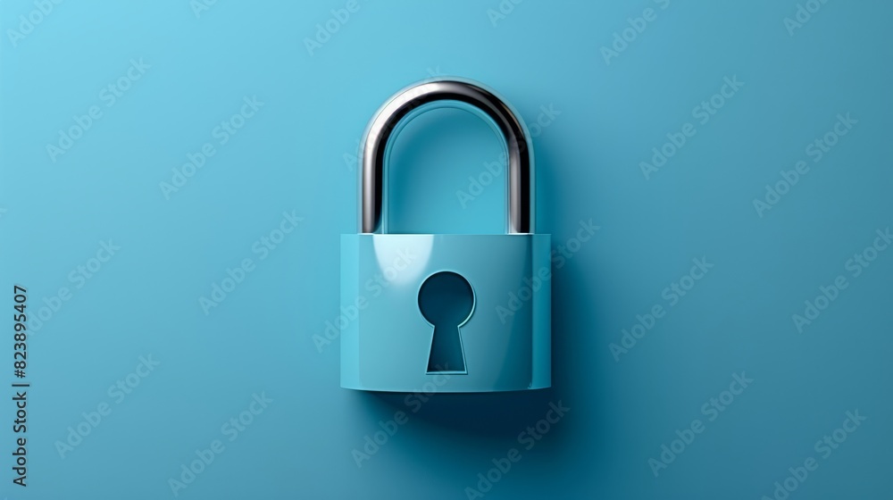 Poster blue padlock on a blue background - a simple yet symbolic image of a blue padlock centered on a matc