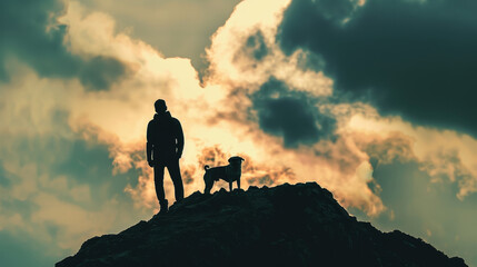 Silhouette of person and dog on hill - A silhouette of a person standing beside a dog on top of a hill against a dramatic sky backdrop