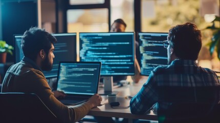 Two software engineers coding on multiple screens in a dimly lit office, highlighting the intense focus and teamwork in tech environments.