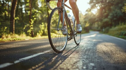 Fototapeta premium A person riding a bike down a road. Suitable for active lifestyle concepts