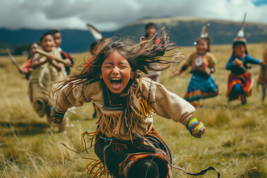 Children Playing Traditional Mapuche Games during We Tripantu in Open Field