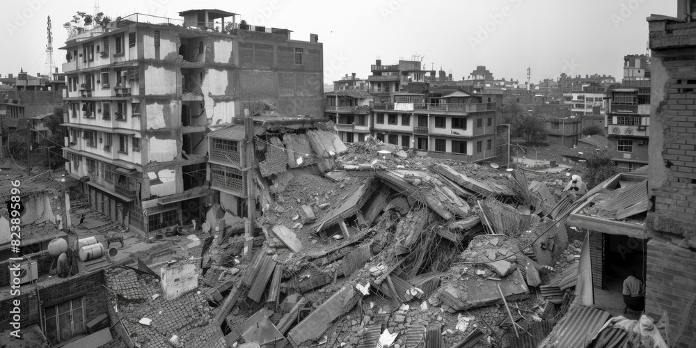 Poster a black and white photo of a destroyed building. suitable for architectural projects
