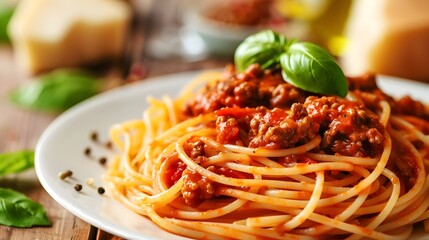 A plate of spaghetti Bolognese with meat sauce and fresh basil leaves.