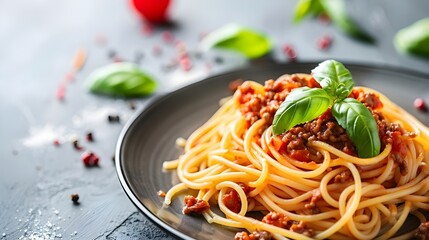 A plate of spaghetti Bolognese with meat sauce and fresh basil leaves.