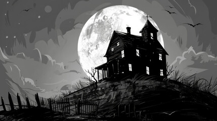 A house with a large moon in the background