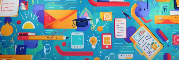 Colorful educational illustration with icons - A vibrant digital illustration with an educational theme, including various colorful icons and symbols