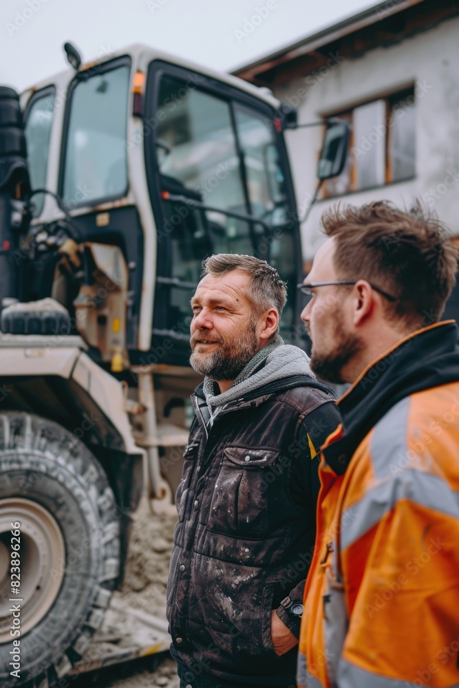 Poster two men standing in front of a construction vehicle. suitable for construction industry projects