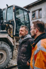 Two men standing in front of a construction vehicle. Suitable for construction industry projects