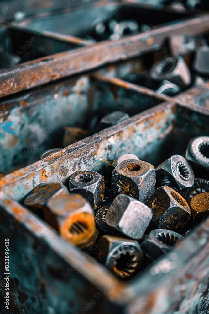 Poster Various screws stored in a metal container. Ideal for hardware and construction projects
