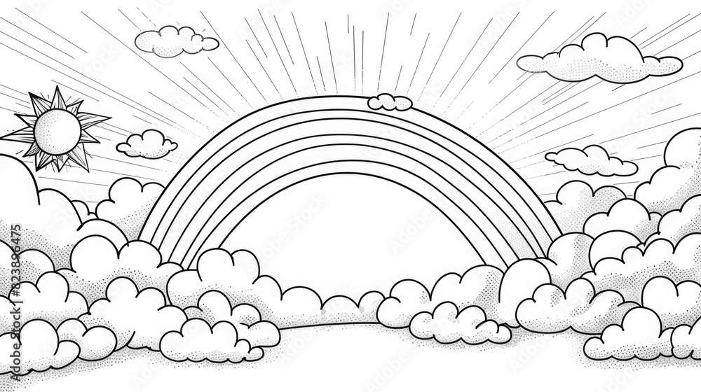 Poster black and white drawing of a rainbow in the sky, suitable for various design projects